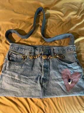 Handmade reimagined denim Heart Patch Crossbody Bag with Gold heart Chain